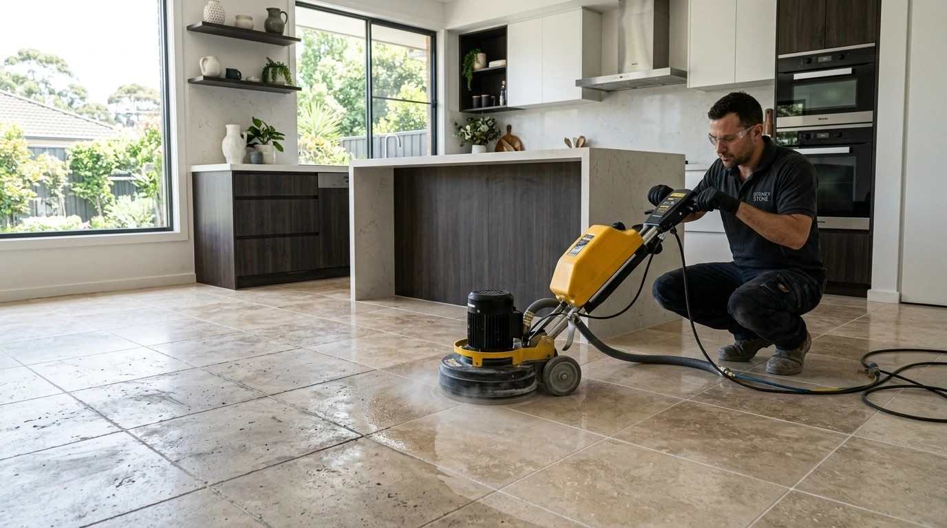 Professional tile and grout cleaner restoring a kitchen floor in Sydney